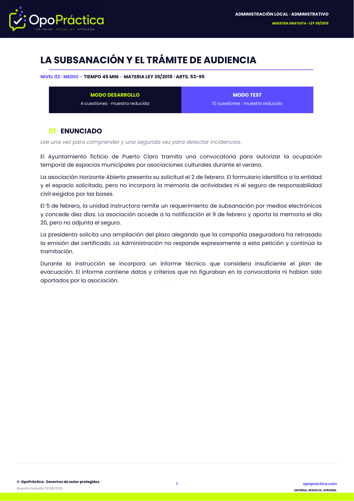 Primera página de la muestra gratuita de OpoPráctica